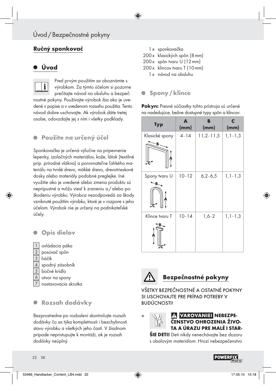 Úvod / bezpečnostné pokyny, Úvod, Použite na určený účel | Opis dielov, Rozsah dodávky, Spony / klince, Bezpečnostné pokyny | Powerfix  Z16531 User Manual | Page 20 / 25
