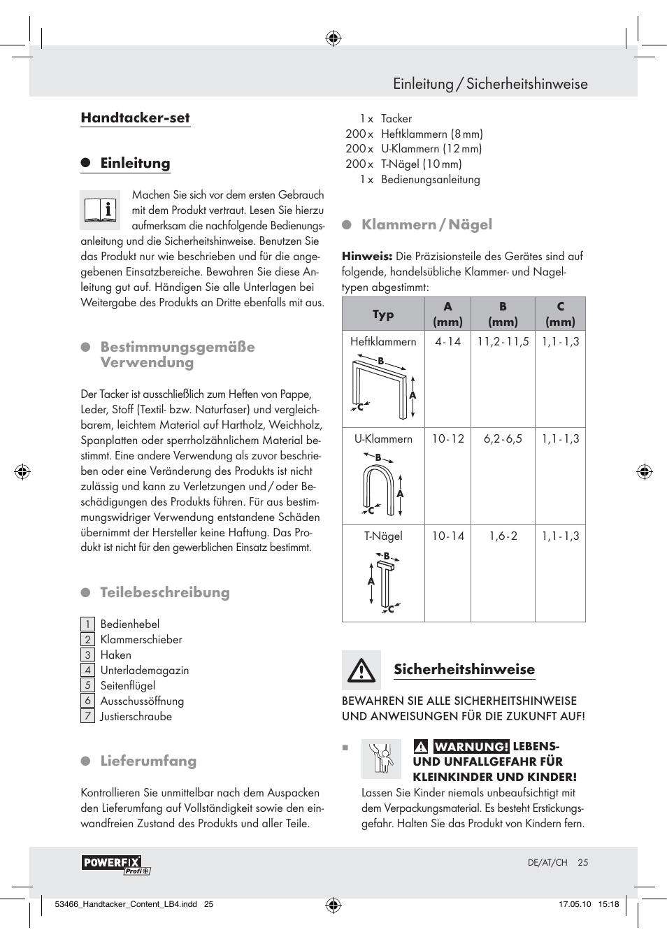 Einleitung / sicherheitshinweise, Einleitung, Bestimmungsgemäße verwendung | Teilebeschreibung, Lieferumfang, Klammern / nägel, Sicherheitshinweise | Powerfix  Z16531 User Manual | Page 23 / 25