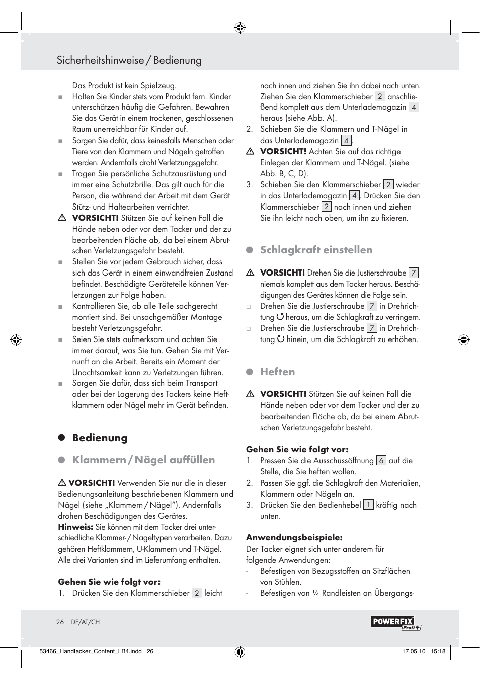 Sicherheitshinweise / bedienung, Bedienung, Klammern / nägel auﬀüllen | Schlagkraft einstellen, Heften | Powerfix  Z16531 User Manual | Page 24 / 25
