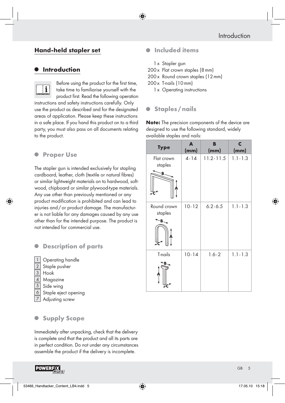 Introduction, Proper use, Description of parts | Supply scope, Included items, Staples / nails | Powerfix  Z16531 User Manual | Page 3 / 25