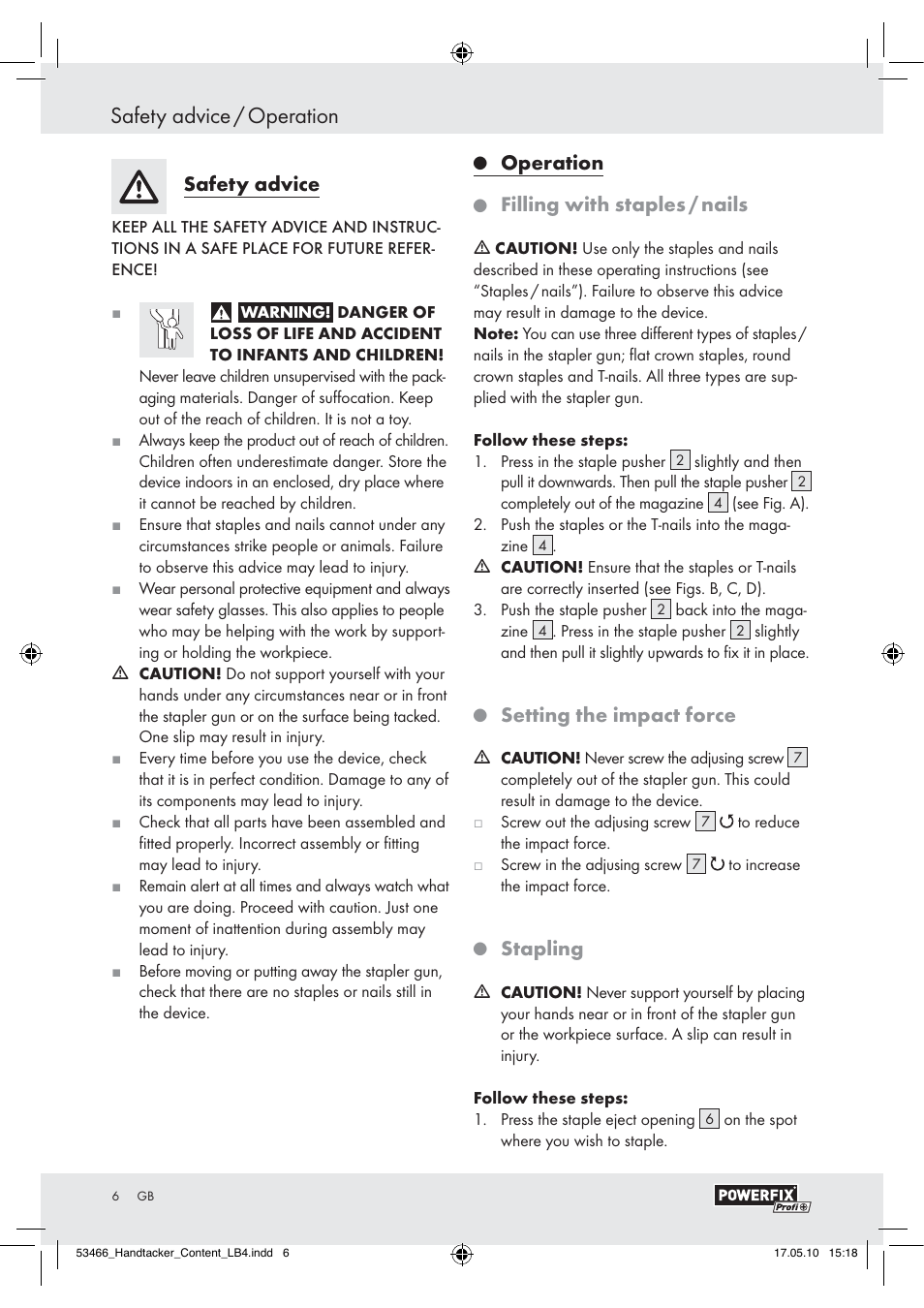 Safety advice / operation, Safety advice, Operation | Filling with staples / nails, Setting the impact force, Stapling | Powerfix  Z16531 User Manual | Page 4 / 25