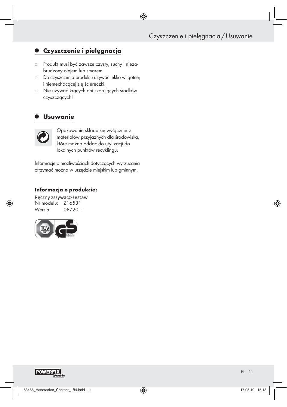 Czyszczenie i pielęgnacja / usuwanie, Czyszczenie i pielęgnacja, Usuwanie | Powerfix  Z16531 User Manual | Page 9 / 25