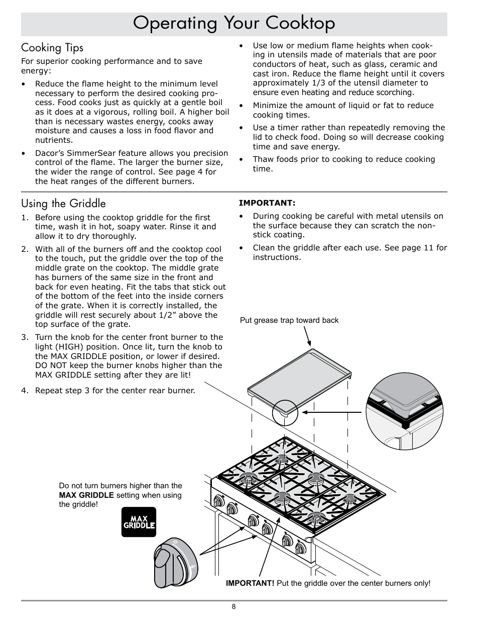 Operating your cooktop, Cooking tips, Using the griddle | Dacor EPICURE EG486 User Manual | Page 10 / 20