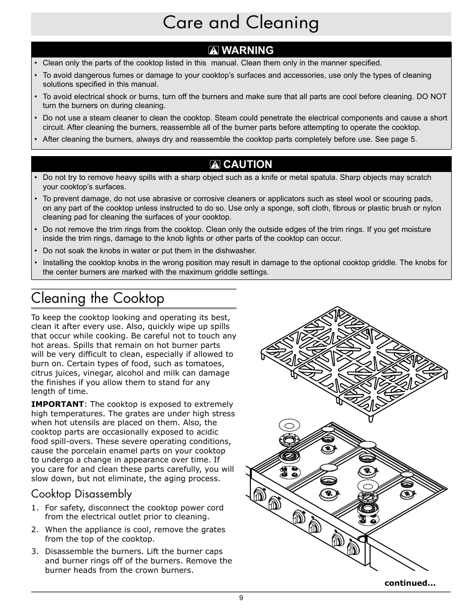 Care and cleaning, Cleaning the cooktop, Warning | Caution, Cooktop disassembly | Dacor EPICURE EG486 User Manual | Page 11 / 20