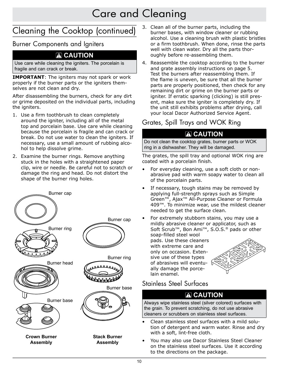 Care and cleaning, Cleaning the cooktop (continued), Burner components and igniters caution | Grates, spill trays and wok ring caution, Stainless steel surfaces caution | Dacor EPICURE EG486 User Manual | Page 12 / 20