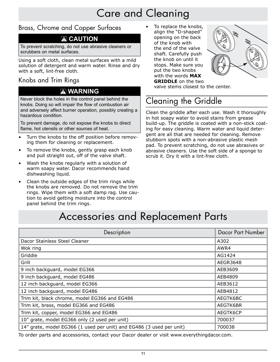 Cleaning the griddle, Brass, chrome and copper surfaces caution, Knobs and trim rings warning | Dacor EPICURE EG486 User Manual | Page 13 / 20