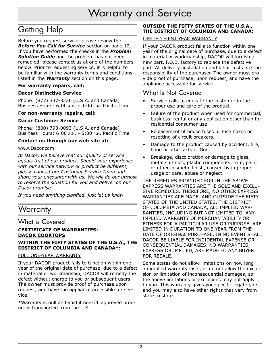 Warranty and service, Getting help, Warranty | What is covered, What is not covered | Dacor EPICURE EG486 User Manual | Page 15 / 20
