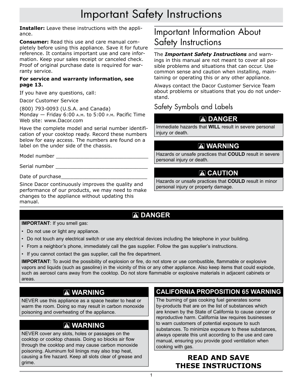 Important safety instructions, Important information about safety instructions, Safety symbols and labels danger | Warning, Caution, Danger, Read and save these instructions, California proposition 65 warning | Dacor EPICURE EG486 User Manual | Page 3 / 20