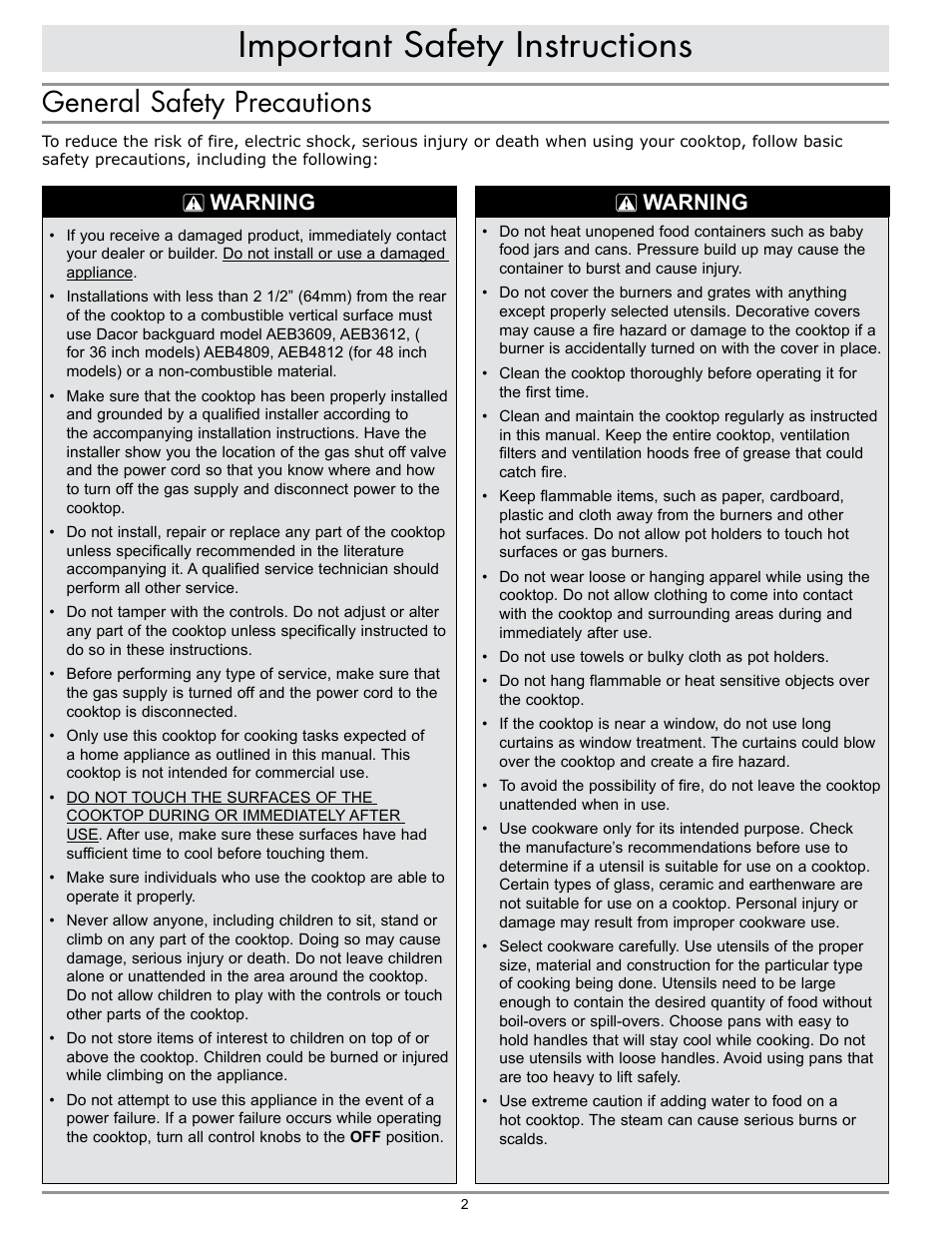 Important safety instructions, General safety precautions, Warning | Dacor EPICURE EG486 User Manual | Page 4 / 20