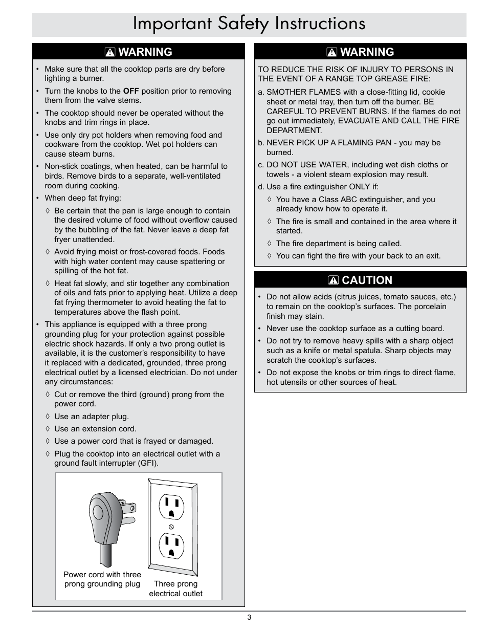 Important safety instructions, Warning, Warning caution | Dacor EPICURE EG486 User Manual | Page 5 / 20