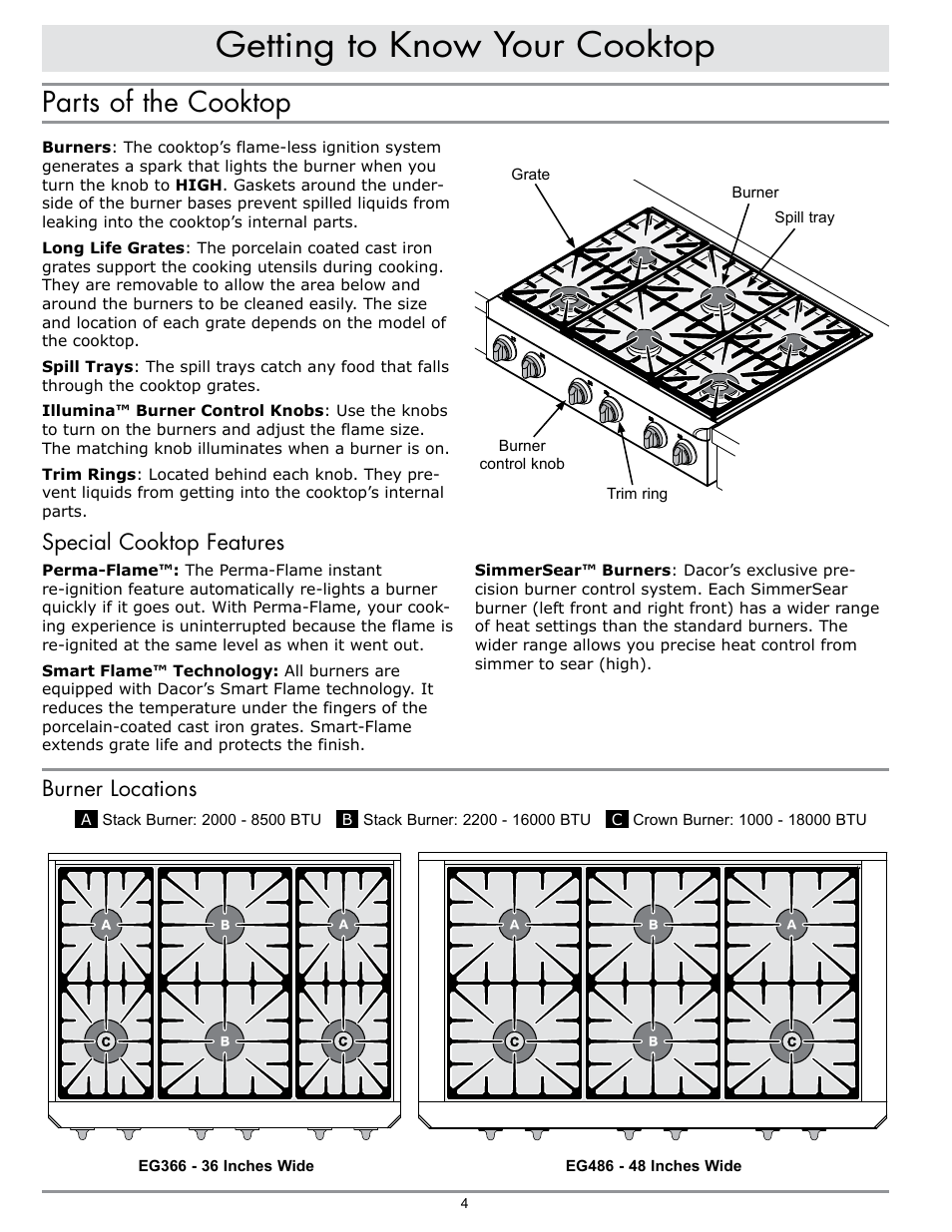 Getting to know your cooktop, Parts of the cooktop, Special cooktop features | Burner locations | Dacor EPICURE EG486 User Manual | Page 6 / 20