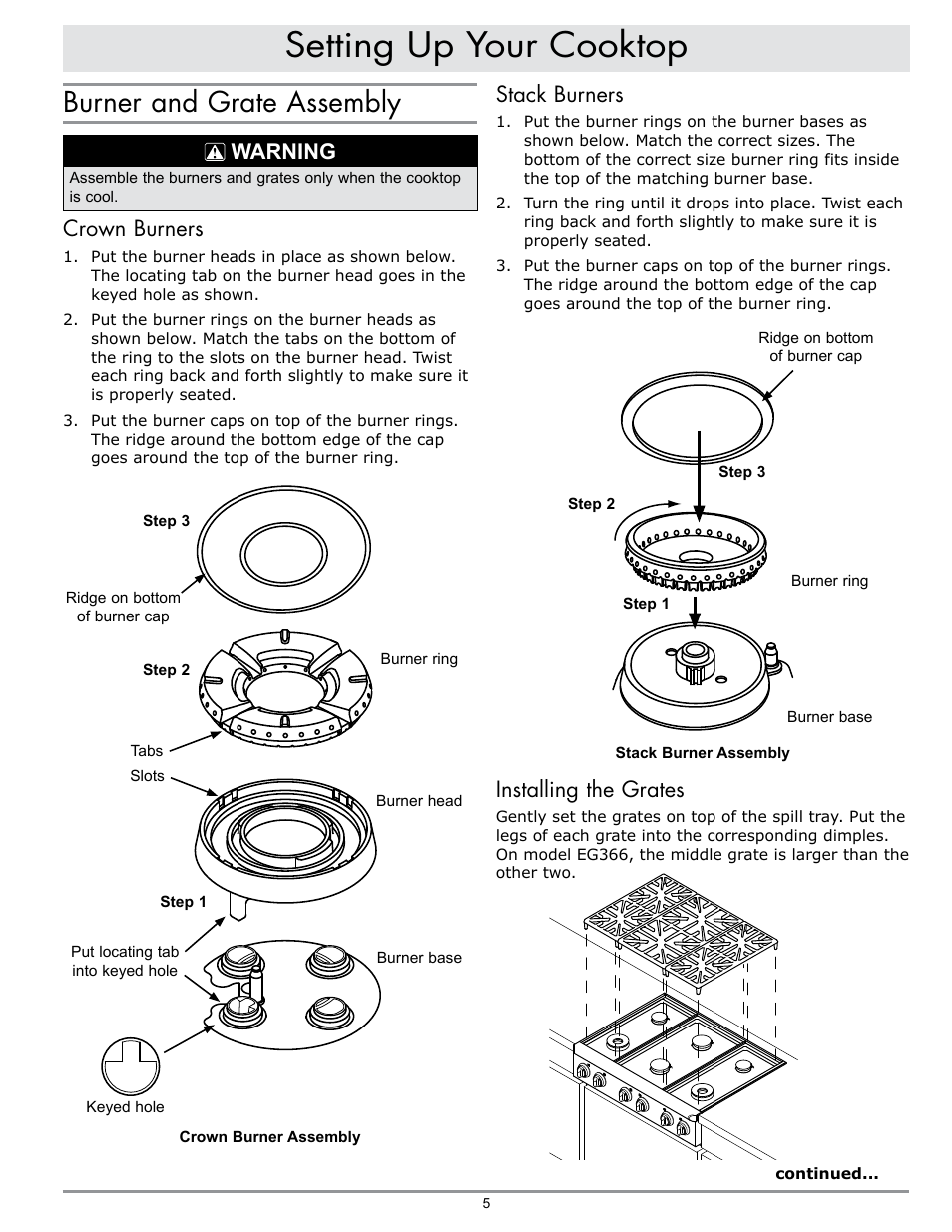 Setting up your cooktop, Burner and grate assembly, Stack burners | Installing the grates, Warning, Crown burners | Dacor EPICURE EG486 User Manual | Page 7 / 20