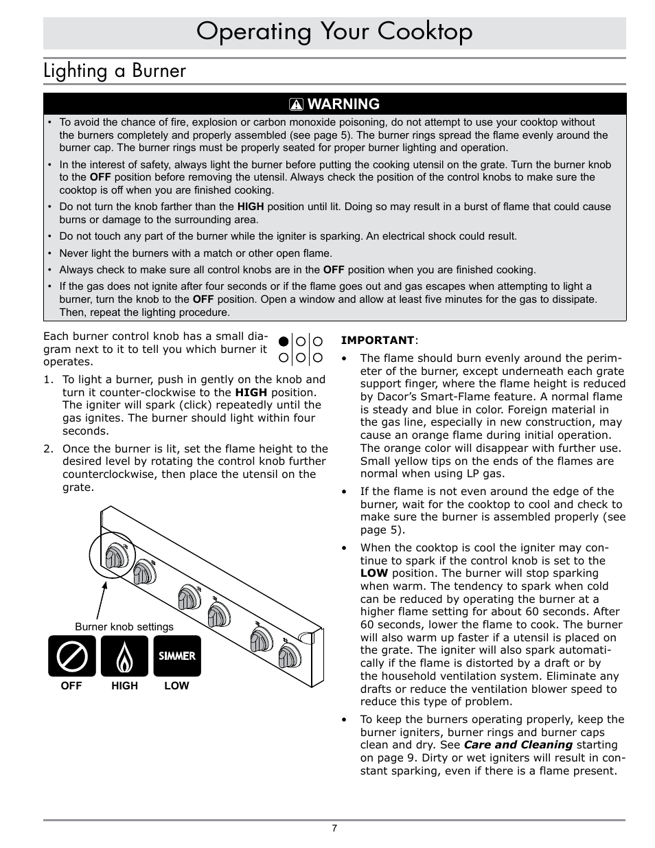 Operating your cooktop, Lighting a burner, Warning | Dacor EPICURE EG486 User Manual | Page 9 / 20
