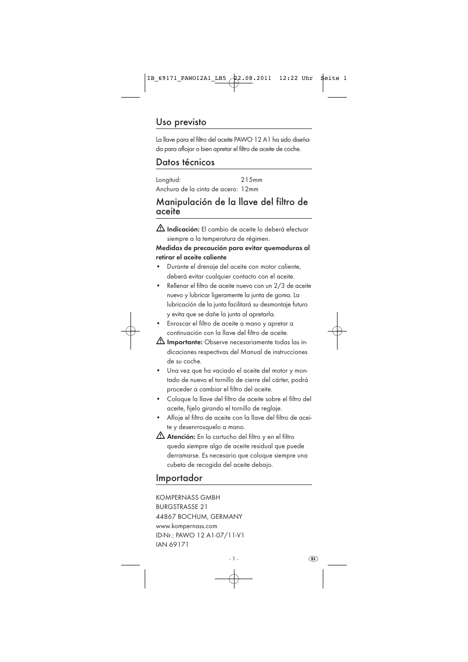 Uso previsto, Datos técnicos, Manipulación de la llave del filtro de aceite | Importador | Powerfix OIL FILTER WRENCH User Manual | Page 3 / 7