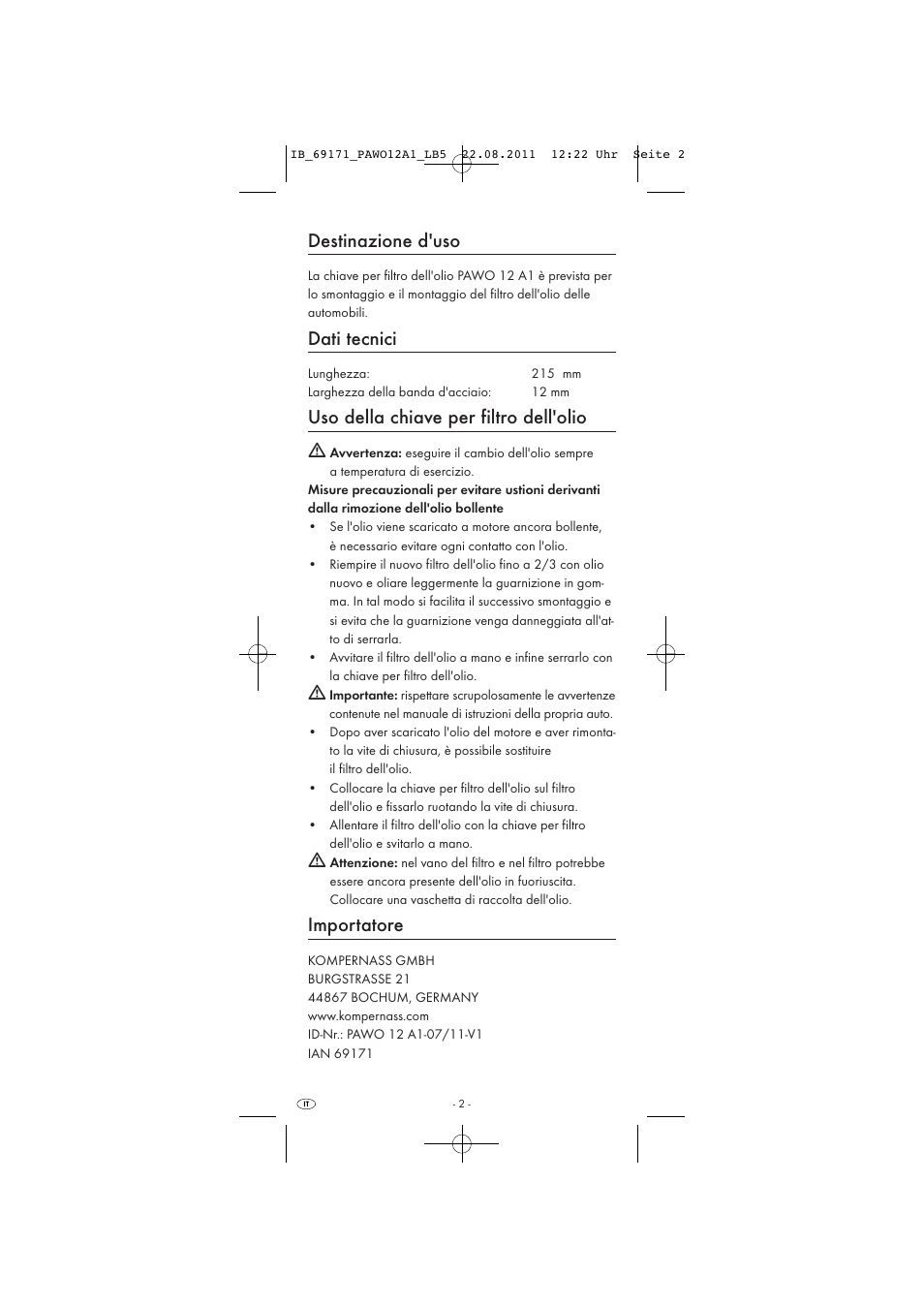 Destinazione d'uso, Dati tecnici, Uso della chiave per filtro dell'olio | Importatore | Powerfix OIL FILTER WRENCH User Manual | Page 4 / 7