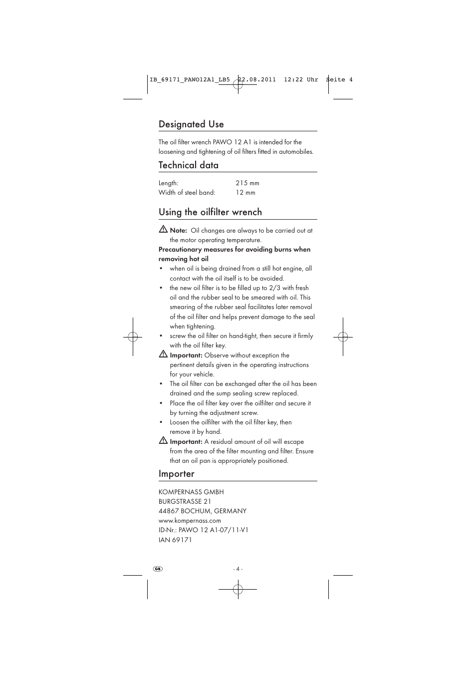 Designated use, Technical data, Using the oilfilter wrench | Importer | Powerfix OIL FILTER WRENCH User Manual | Page 6 / 7