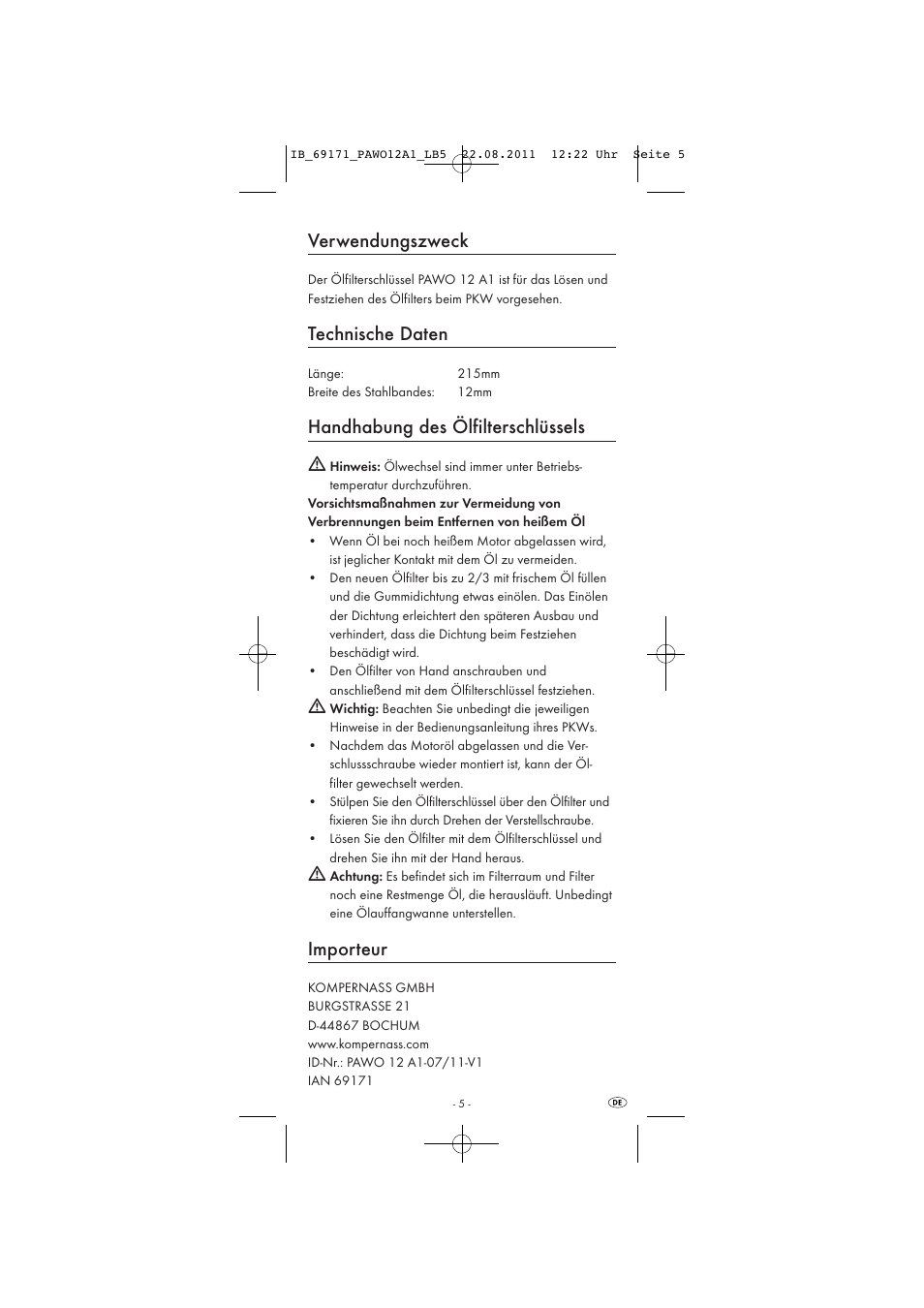 Verwendungszweck, Technische daten, Handhabung des ölfilterschlüssels | Importeur | Powerfix OIL FILTER WRENCH User Manual | Page 7 / 7