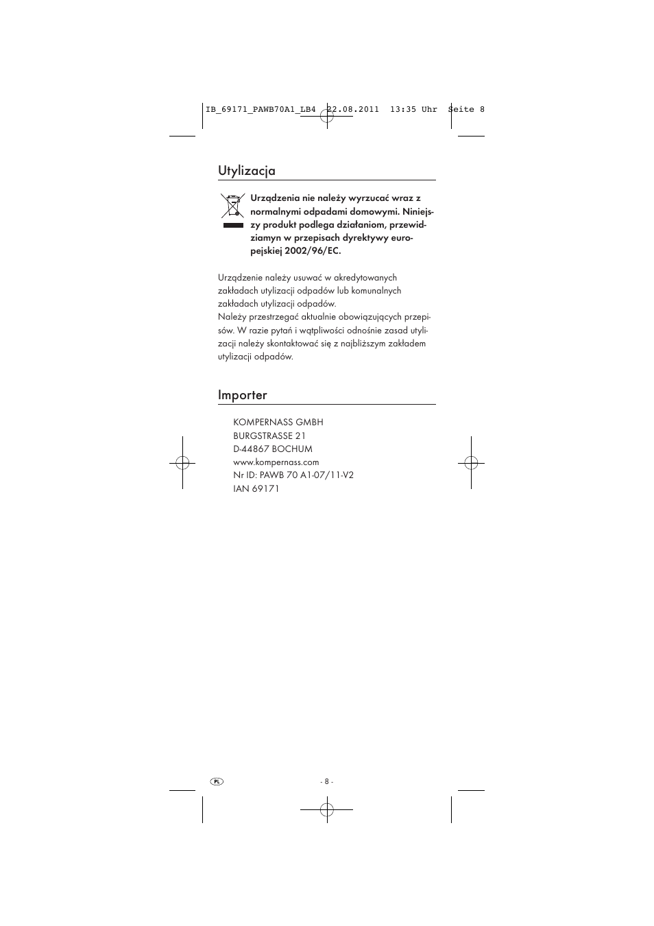 Utylizacja, Importer | Powerfix PAWB 70 A1 User Manual | Page 10 / 30