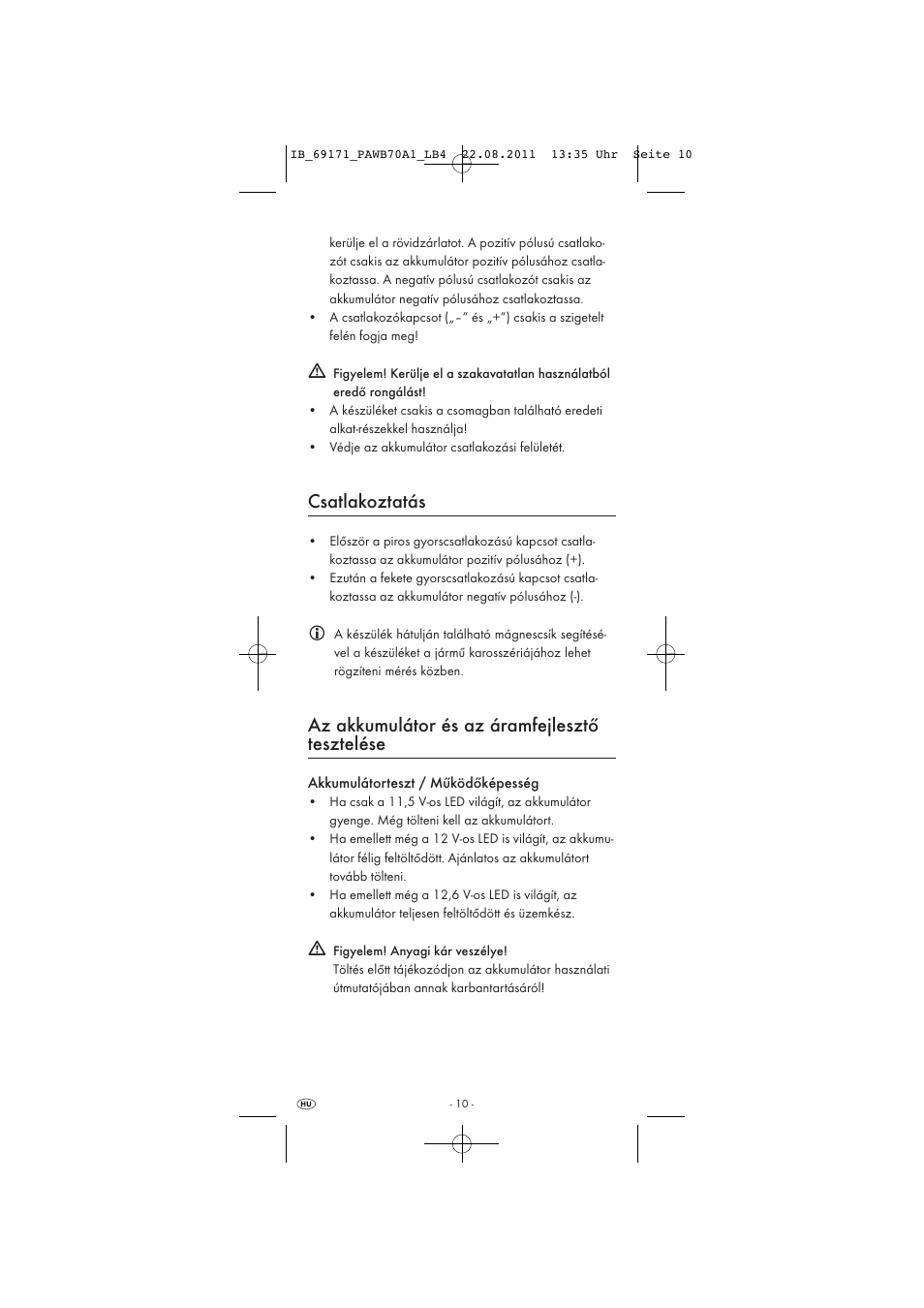 Csatlakoztatás, Az akkumulátor és az áramfejlesztő tesztelése | Powerfix PAWB 70 A1 User Manual | Page 12 / 30