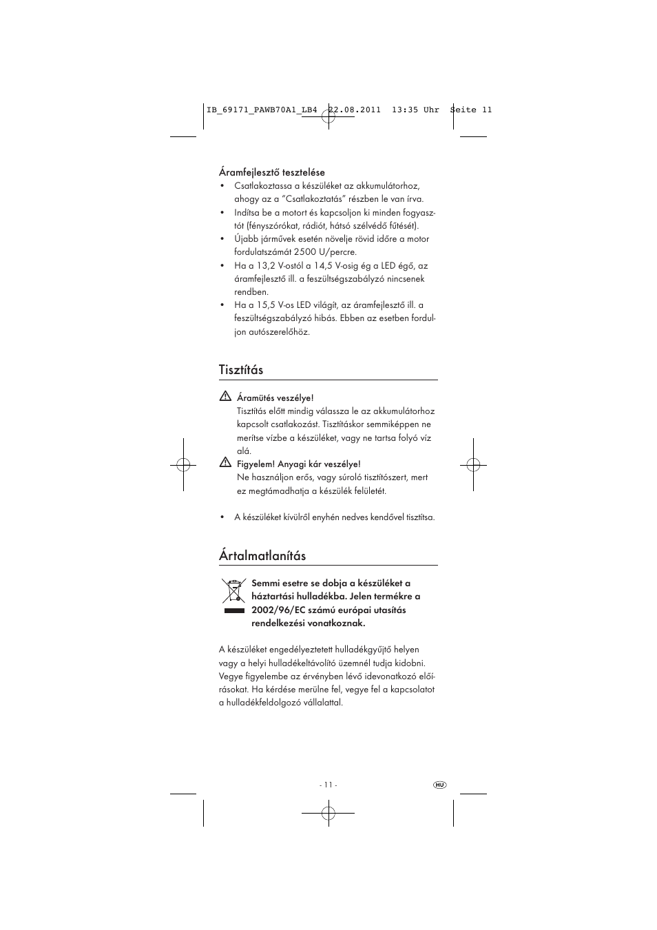 Tisztítás, Ártalmatlanítás | Powerfix PAWB 70 A1 User Manual | Page 13 / 30