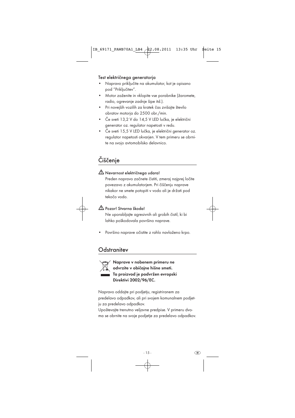 Čiščenje, Odstranitev | Powerfix PAWB 70 A1 User Manual | Page 17 / 30