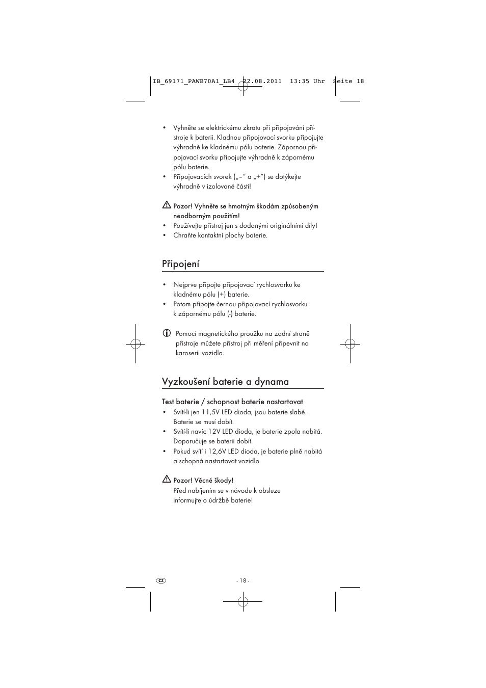 Připojení, Vyzkoušení baterie a dynama | Powerfix PAWB 70 A1 User Manual | Page 20 / 30