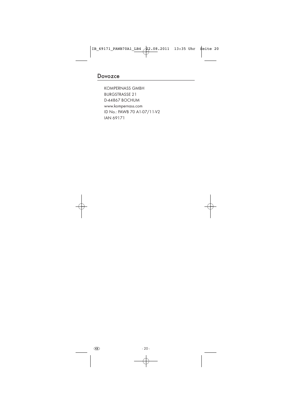 Dovozce | Powerfix PAWB 70 A1 User Manual | Page 22 / 30