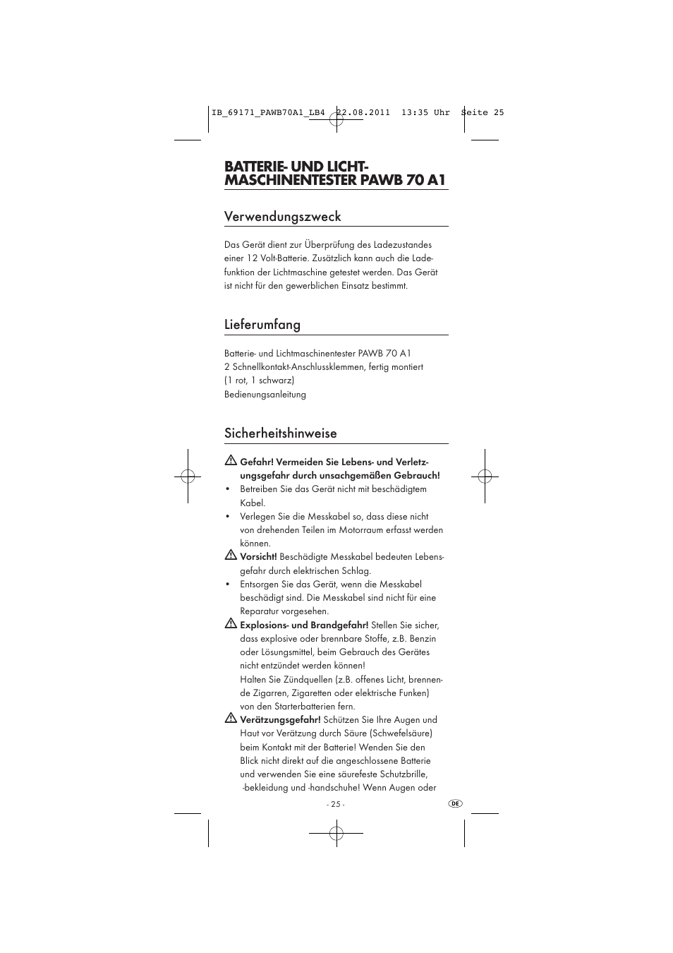 Batterie- und licht- maschinentester pawb 70 a1, Verwendungszweck, Lieferumfang | Sicherheitshinweise | Powerfix PAWB 70 A1 User Manual | Page 27 / 30