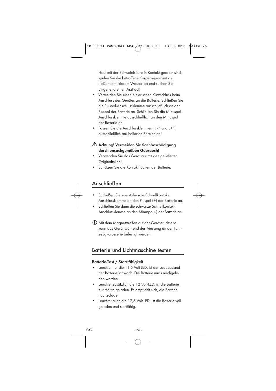 Anschließen, Batterie und lichtmaschine testen | Powerfix PAWB 70 A1 User Manual | Page 28 / 30