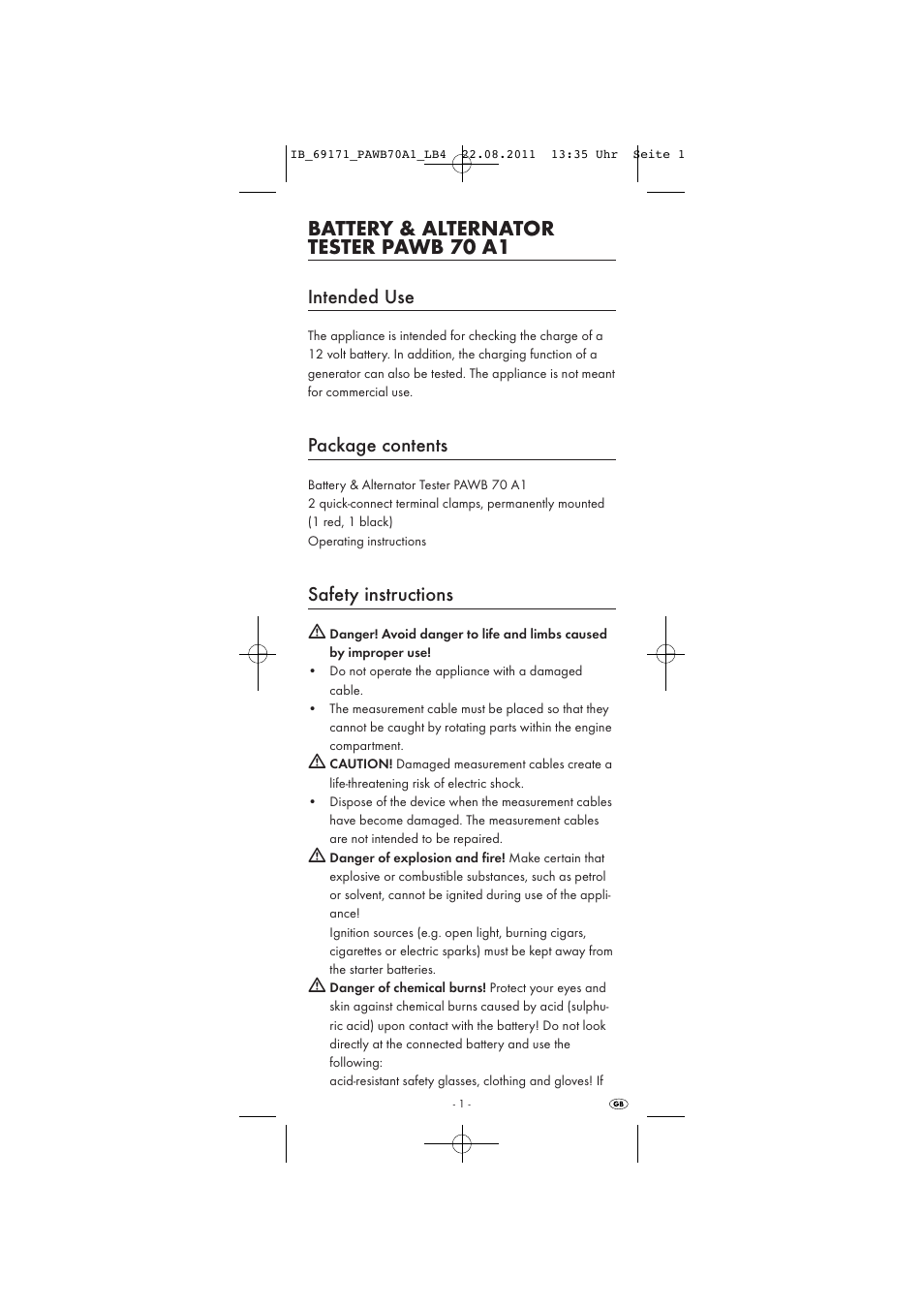 Battery & alternator tester pawb 70 a1, Intended use, Package contents | Safety instructions | Powerfix PAWB 70 A1 User Manual | Page 3 / 30