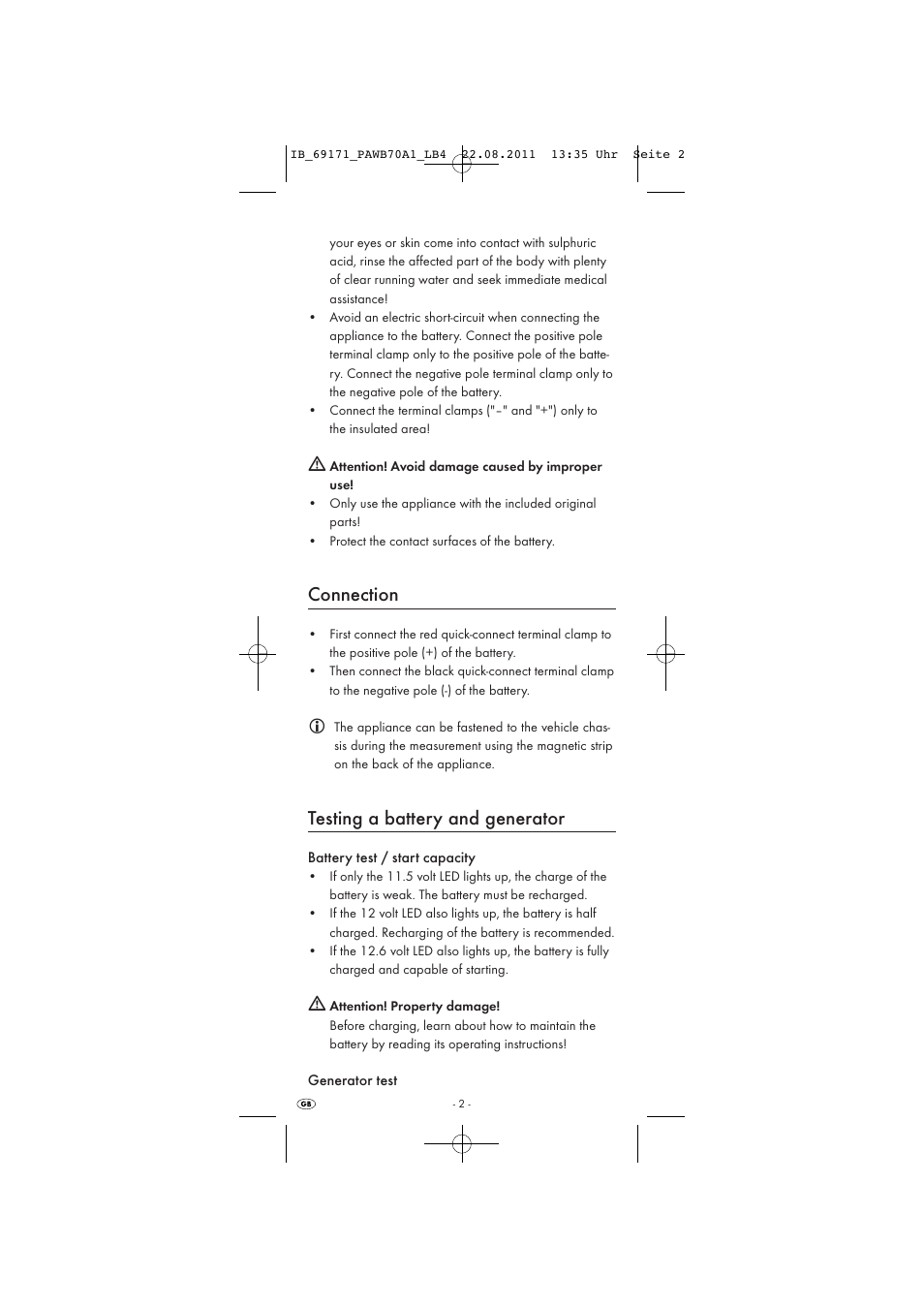 Connection, Testing a battery and generator | Powerfix PAWB 70 A1 User Manual | Page 4 / 30