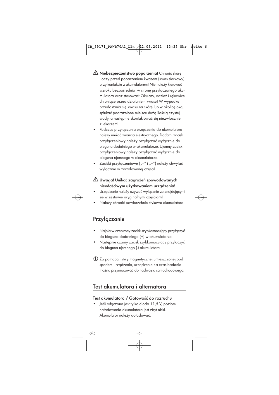 Przyłączanie, Test akumulatora i alternatora | Powerfix PAWB 70 A1 User Manual | Page 8 / 30