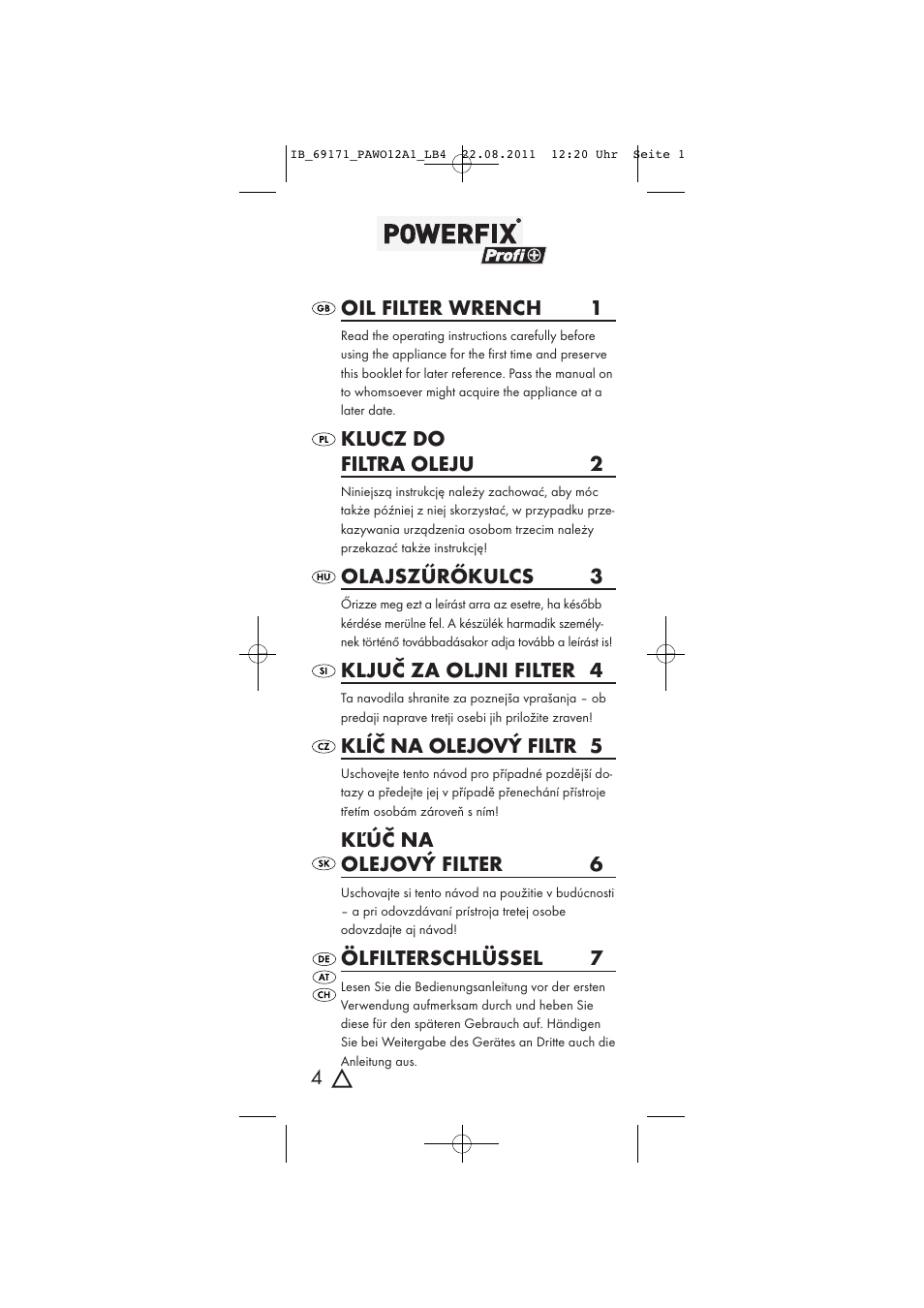 Powerfix OIL FILTER WRENCH User Manual | 9 pages