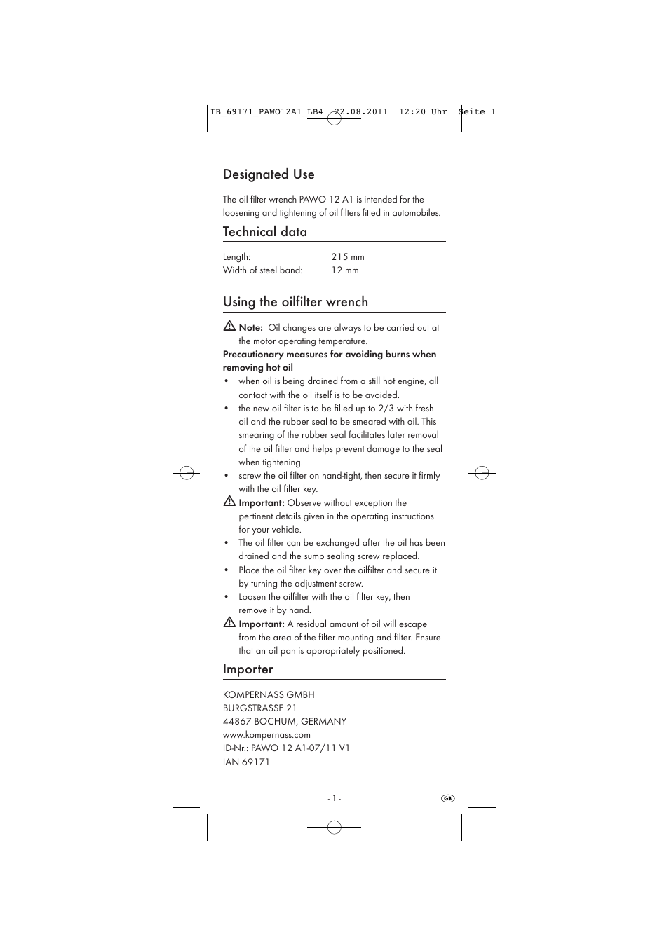 Designated use, Technical data, Using the oilfilter wrench | Importer | Powerfix OIL FILTER WRENCH User Manual | Page 3 / 9