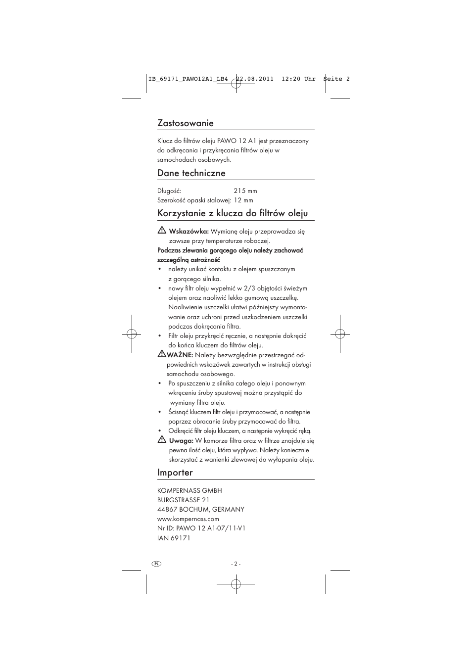 Zastosowanie, Dane techniczne, Korzystanie z klucza do filtrów oleju | Importer | Powerfix OIL FILTER WRENCH User Manual | Page 4 / 9