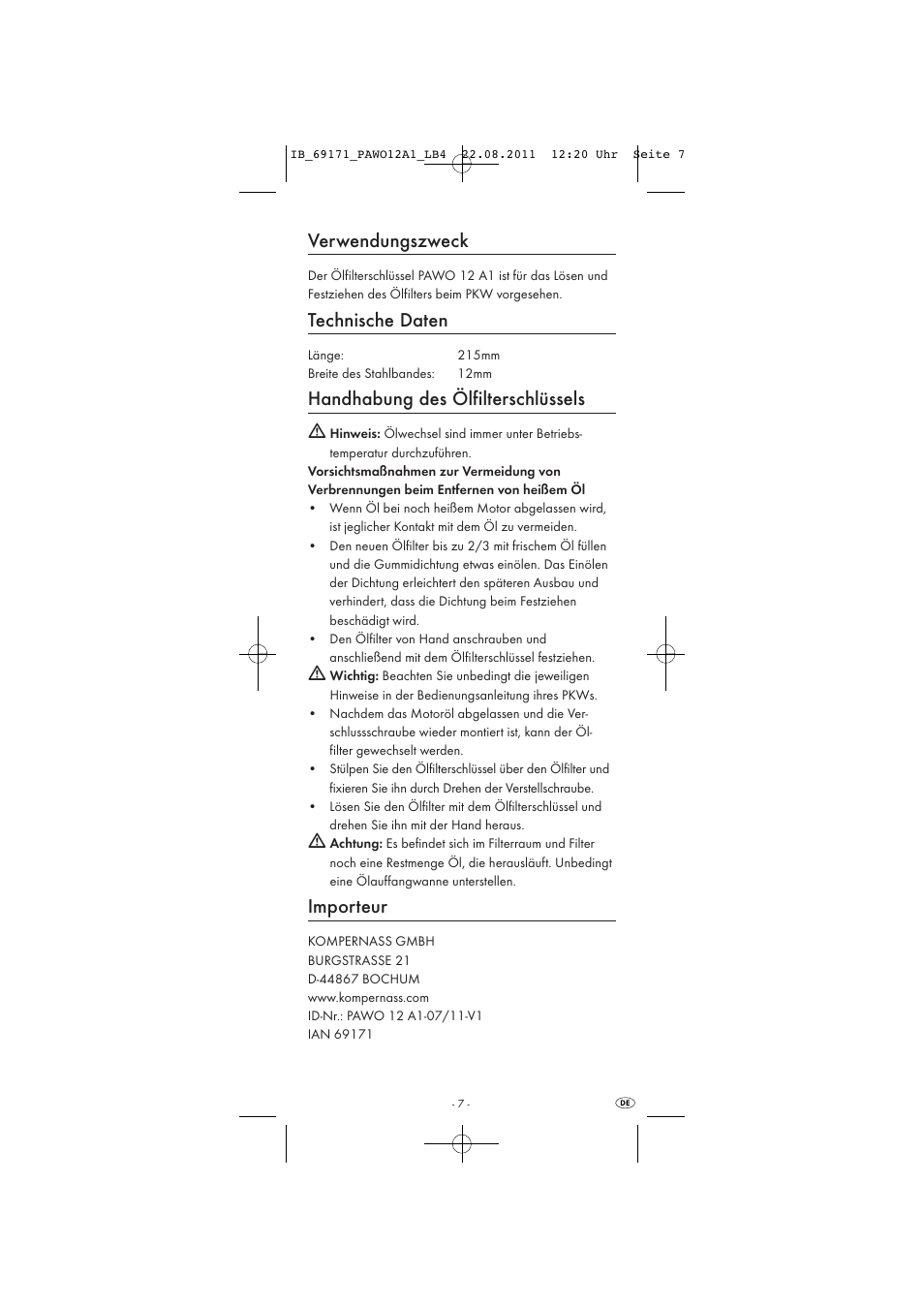 Verwendungszweck, Technische daten, Handhabung des ölfilterschlüssels | Importeur | Powerfix OIL FILTER WRENCH User Manual | Page 9 / 9