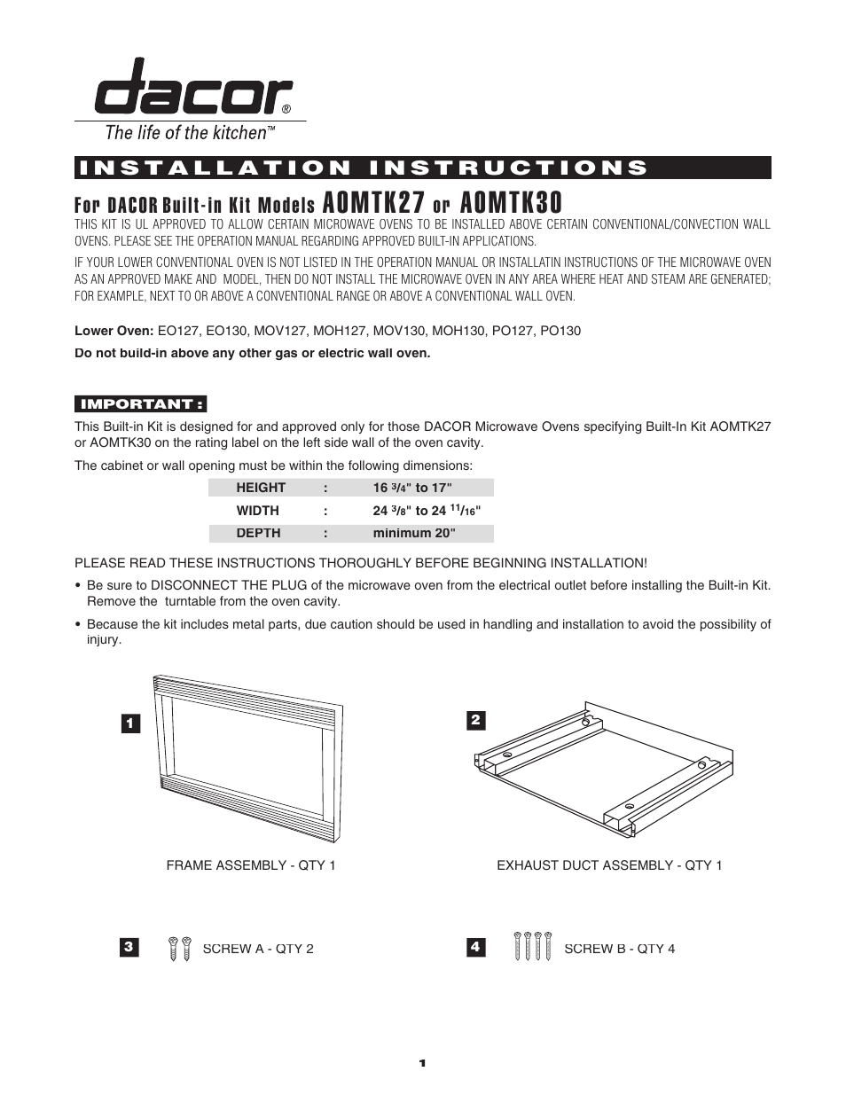 Dacor AOMTK27 User Manual | 4 pages