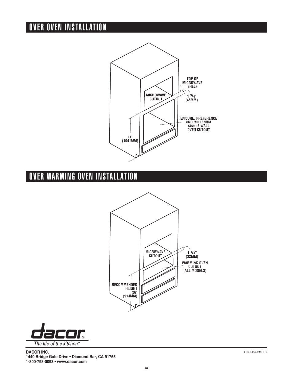 Over warming oven installation, Over oven installation | Dacor AOMTK27 User Manual | Page 4 / 4