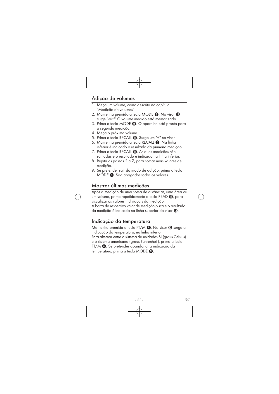 Adição de volumes, Mostrar últimas medições, Indicação da temperatura | Powerfix KH 2927-1 User Manual | Page 35 / 62