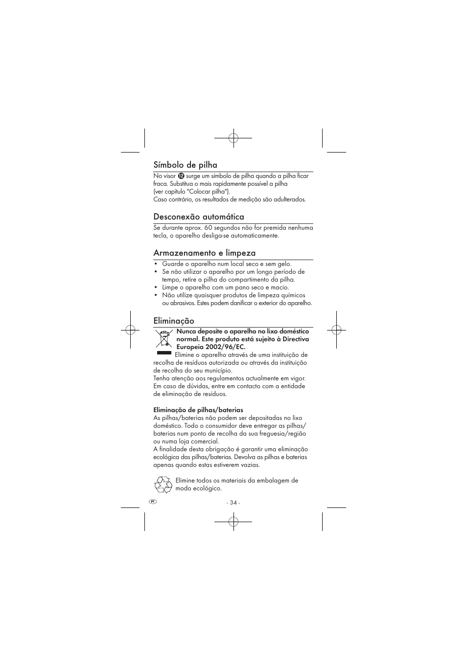 Símbolo de pilha, Desconexão automática, Armazenamento e limpeza | Eliminação | Powerfix KH 2927-1 User Manual | Page 36 / 62
