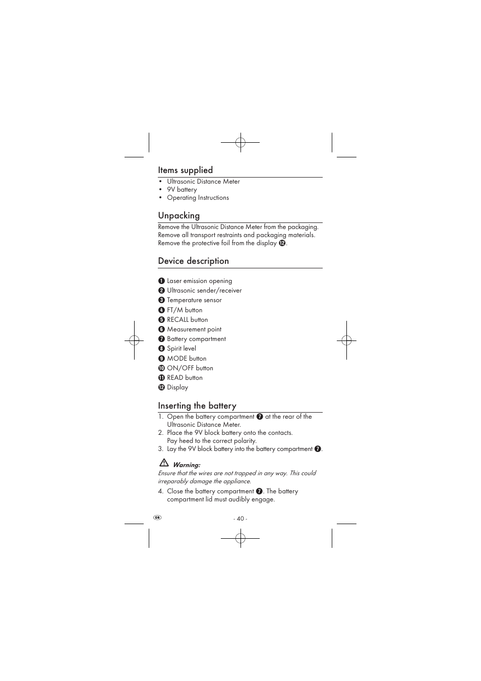 Items supplied, Unpacking, Device description | Inserting the battery | Powerfix KH 2927-1 User Manual | Page 42 / 62