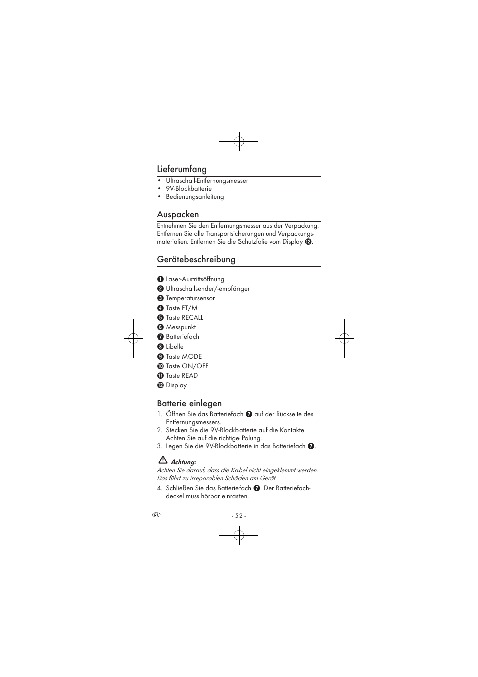 Lieferumfang, Auspacken, Gerätebeschreibung | Batterie einlegen | Powerfix KH 2927-1 User Manual | Page 54 / 62