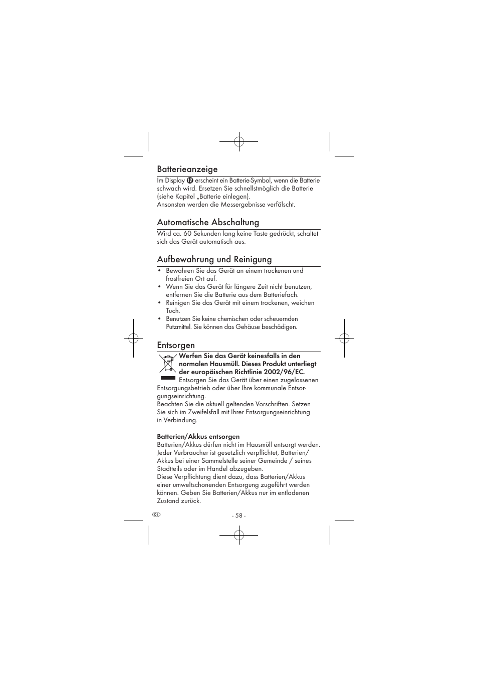 Batterieanzeige, Automatische abschaltung, Aufbewahrung und reinigung | Entsorgen | Powerfix KH 2927-1 User Manual | Page 60 / 62