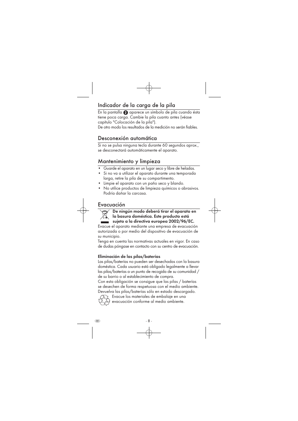 Indicador de la carga de la pila, Desconexión automática, Mantenimiento y limpieza | Evacuación | Powerfix KH 2927-2 User Manual | Page 10 / 52