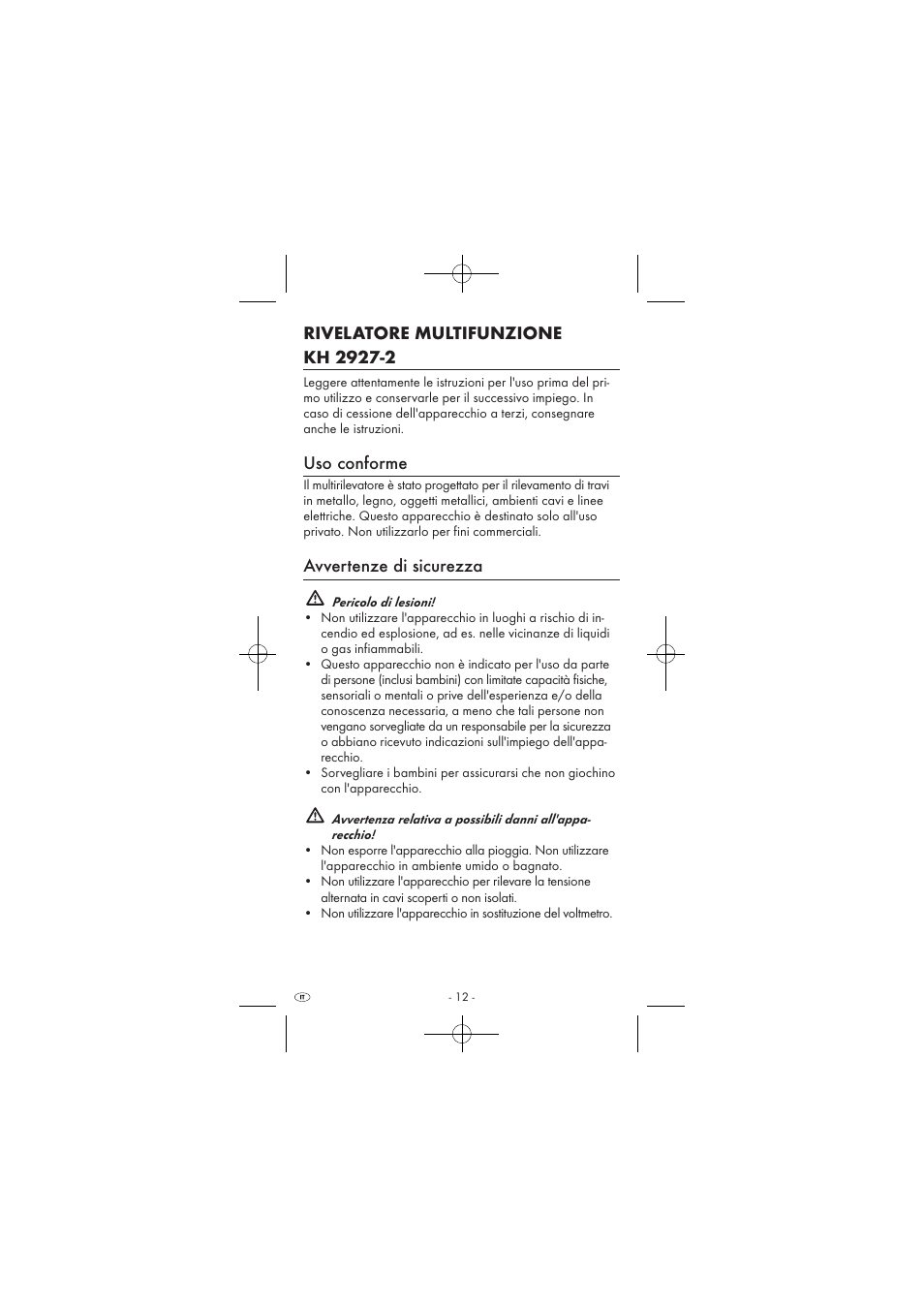 Uso conforme, Avvertenze di sicurezza | Powerfix KH 2927-2 User Manual | Page 14 / 52