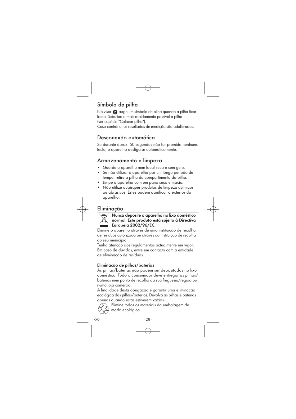 Símbolo de pilha, Desconexão automática, Armazenamento e limpeza | Eliminação | Powerfix KH 2927-2 User Manual | Page 30 / 52