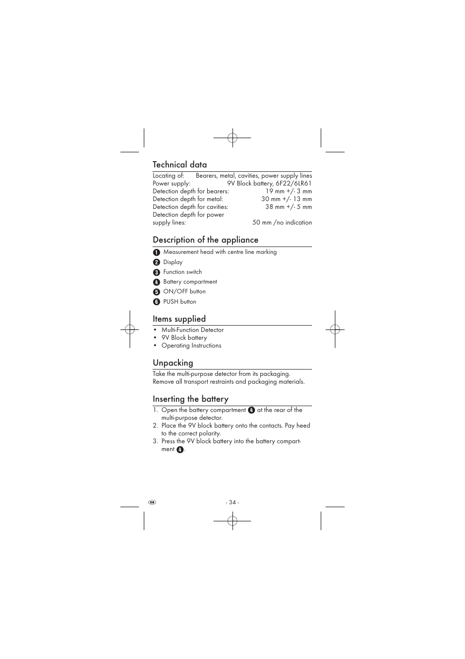 Technical data, Description of the appliance, Items supplied | Unpacking, Inserting the battery | Powerfix KH 2927-2 User Manual | Page 36 / 52