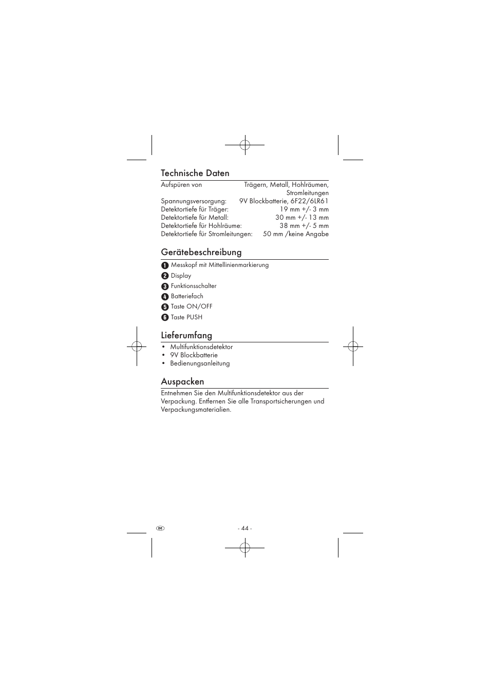 Technische daten, Gerätebeschreibung, Lieferumfang | Auspacken | Powerfix KH 2927-2 User Manual | Page 46 / 52