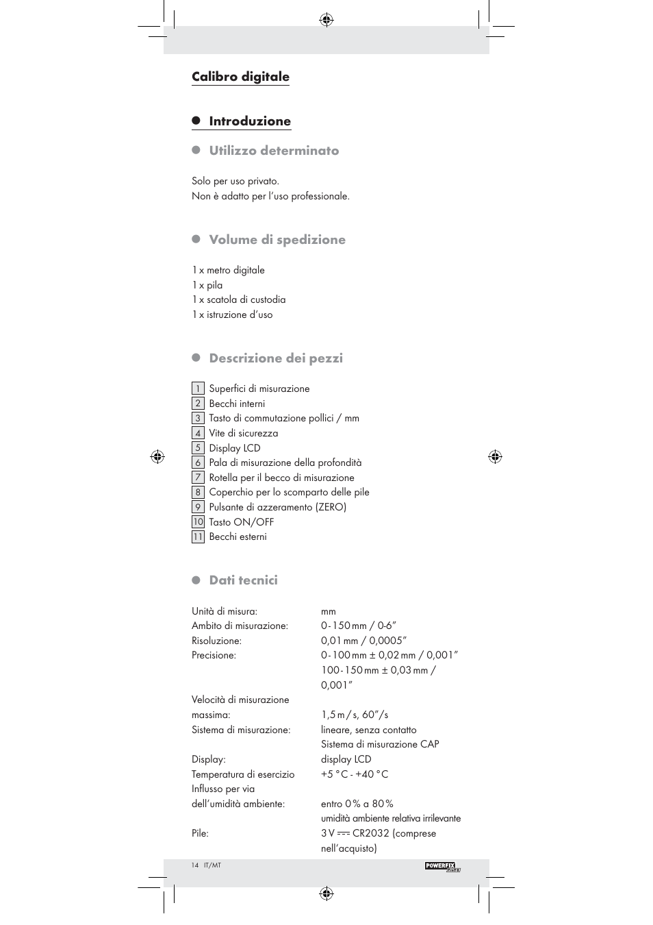 Calibro digitale, Introduzione, Utilizzo determinato | Volume di spedizione, Descrizione dei pezzi, Dati tecnici | Powerfix Z22855 User Manual | Page 12 / 42