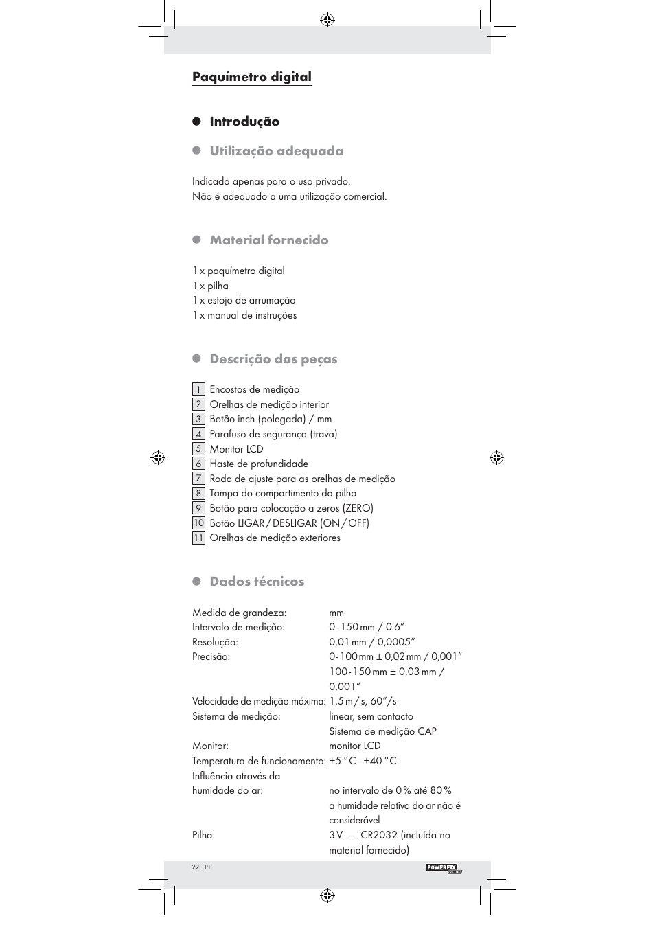 Paquímetro digital, Introdução, Utilização adequada | Material fornecido, Descrição das peças, Dados técnicos | Powerfix Z22855 User Manual | Page 20 / 42